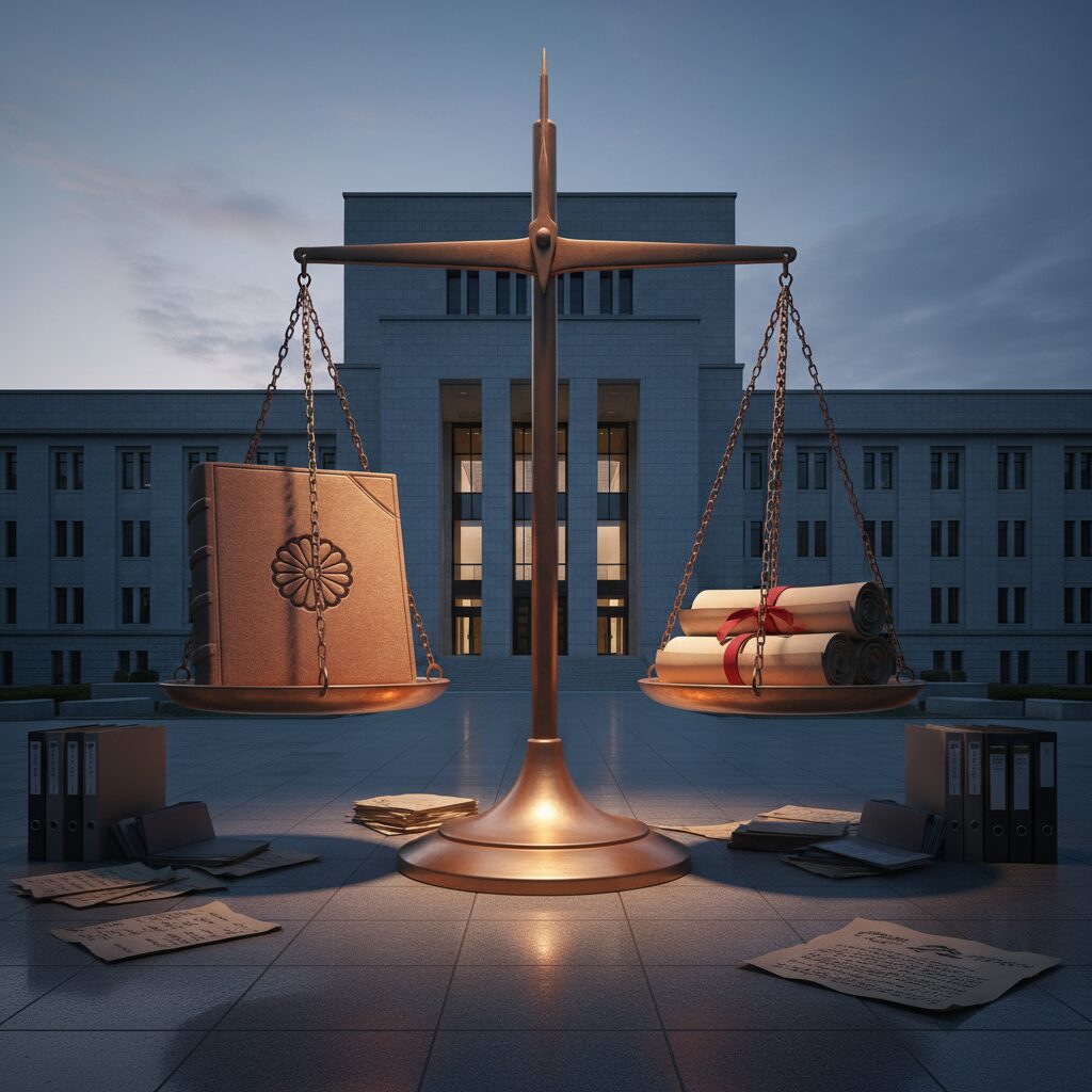 裁判所のハンマーと憲法に関連する書類が置かれた、最高裁判所の法廷をイメージした厳格なビジュアル