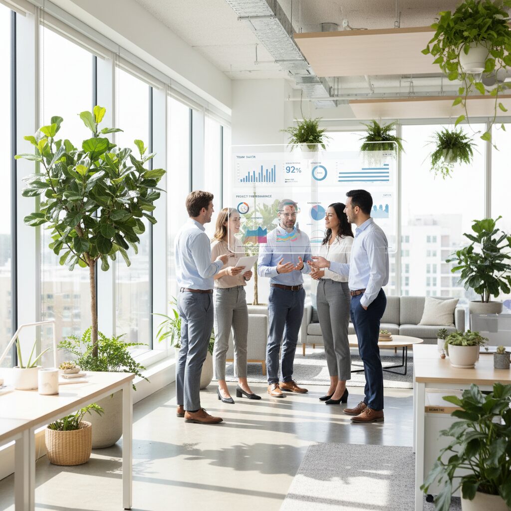 明るいオフィスで健康経営のデータを確認しながら談笑する多様な従業員たちの様子