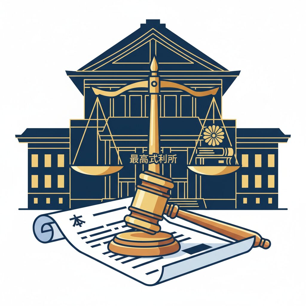 最高裁判所の法廷と天秤、木槌のイメージ。特別抗告と許可抗告の違いを象徴する法的デザイン。