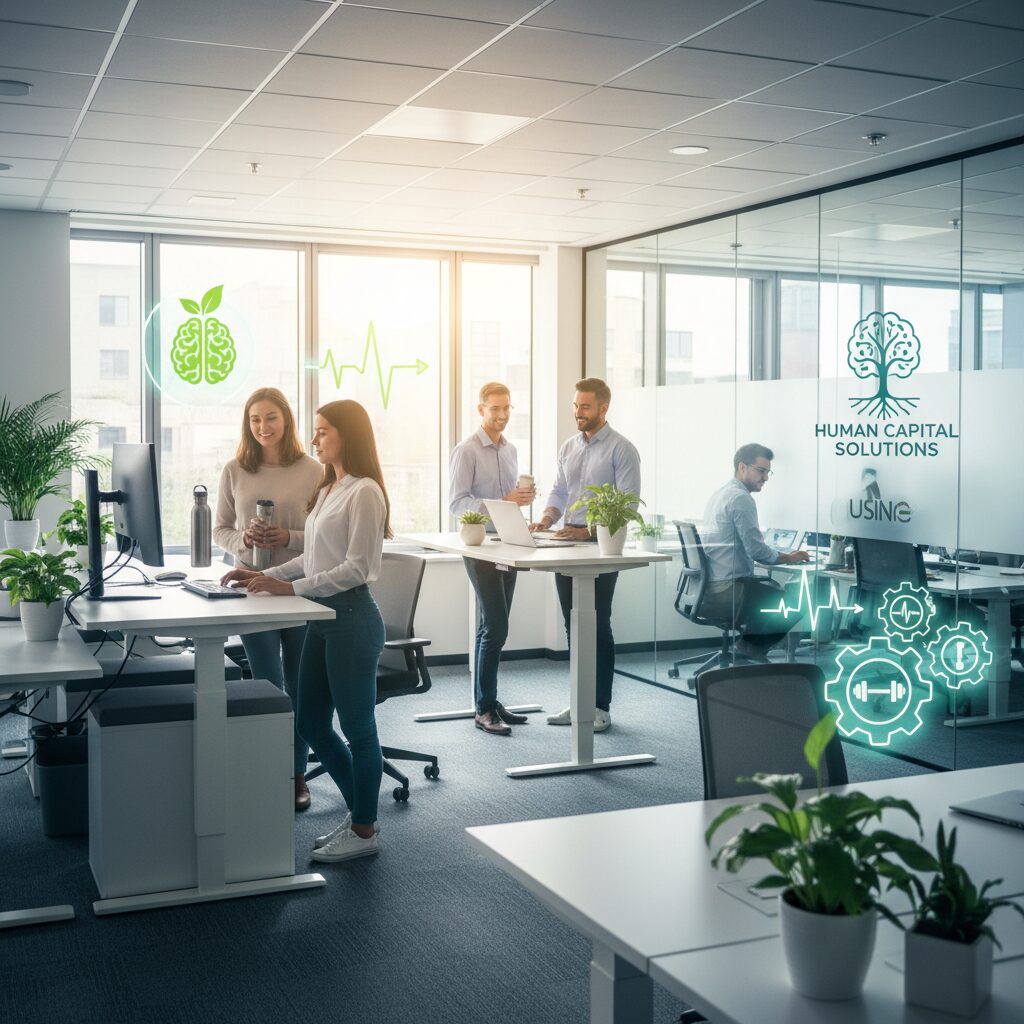 明るいオフィスで活き活きと働く従業員と健康経営のアイコンが融合したイメージ画像