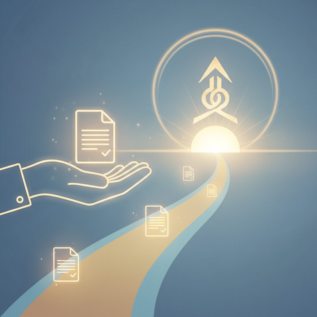 障害年金申請の書類と、それを支える手のイメージ画像