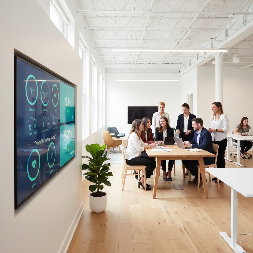 明るいオフィスで生き生きと働く従業員と健康データを示すダッシュボードのイメージ