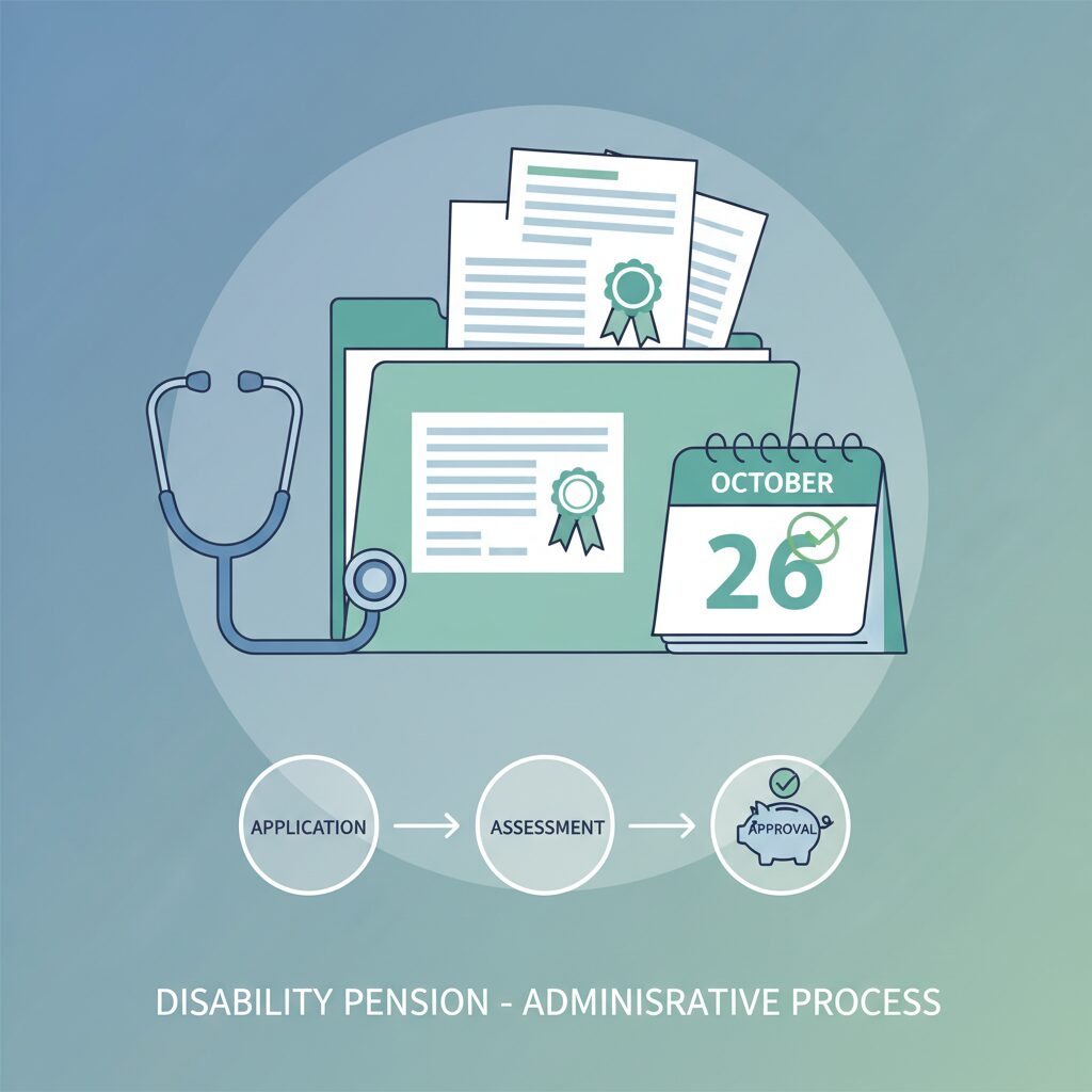 障害年金の申請に必要な書類と医療・時間の流れを表すイラスト