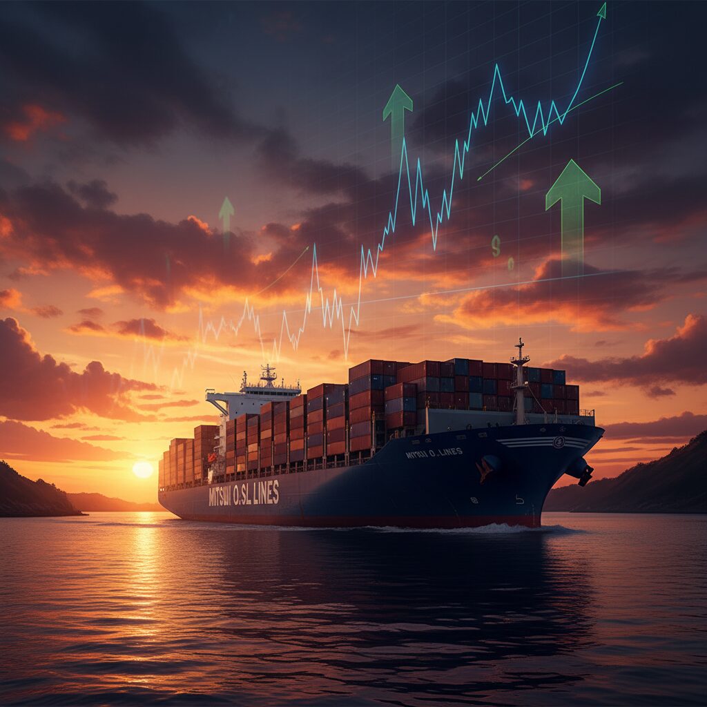 中東の細い海峡を進む巨大な商船三井の貨物船と、空に重なる株価チャートのグラフィックイメージ