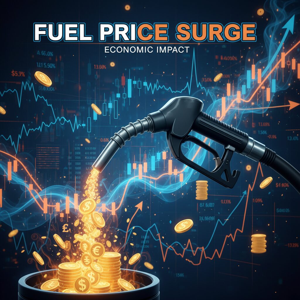 ガソリンスタンドの給油ノズルと上昇する経済グラフのイメージ図