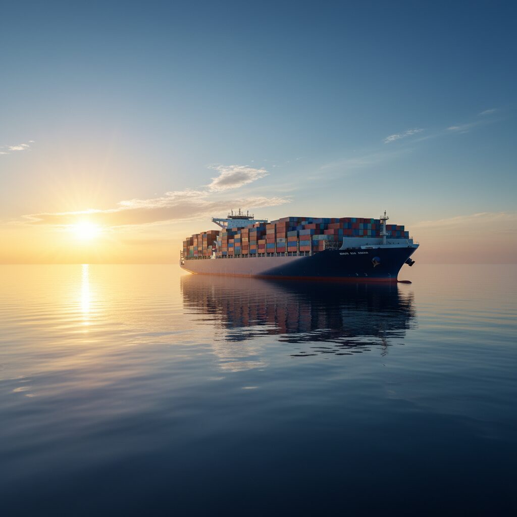 青空の下、力強く航行する巨大な商船三井の貨物船と、その安定感を象徴する穏やかな波。投資の成長をイメージさせる明るい雰囲気。