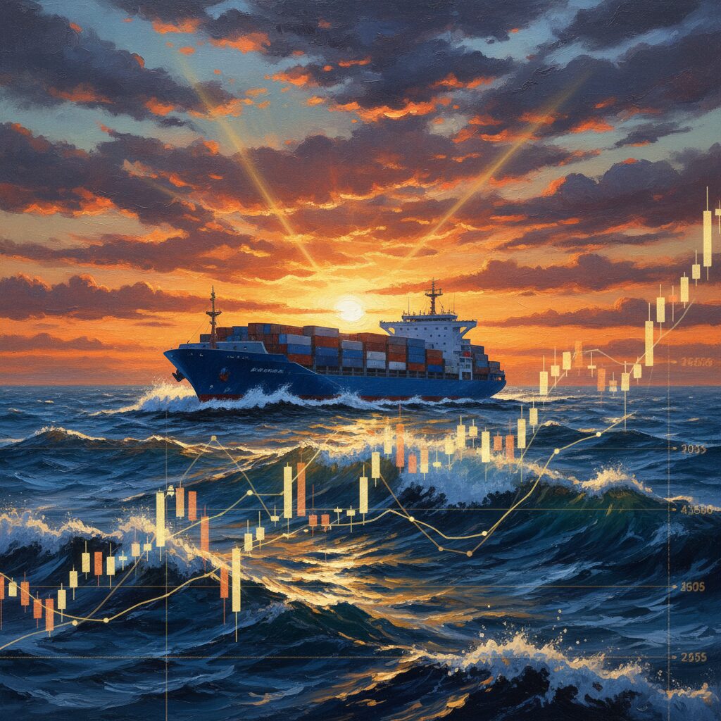 荒れた海を航行する巨大なコンテナ船と株価チャートのイメージ