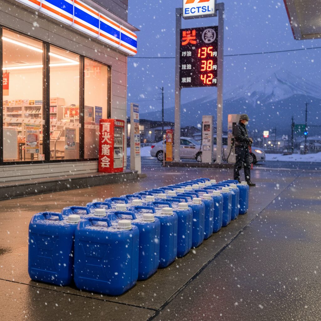 冬のガソリンスタンドで灯油のポリタンクが並んでいる様子と上昇する価格掲示板のイメージ