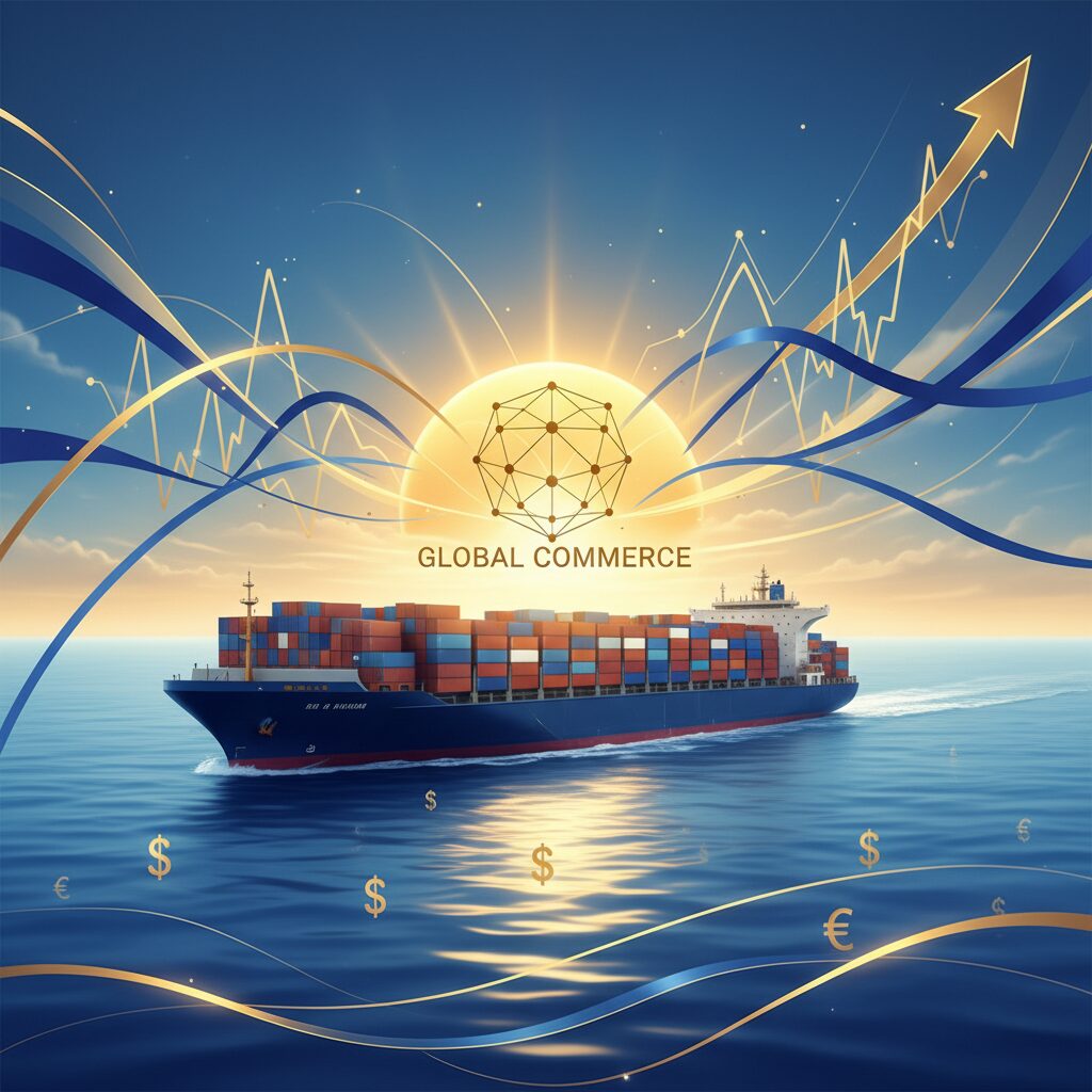 大海原を進む巨大なコンテナ船と黄金の日の出。商船三井の圧倒的な高年収とグローバルな成功を象徴するイメージ。