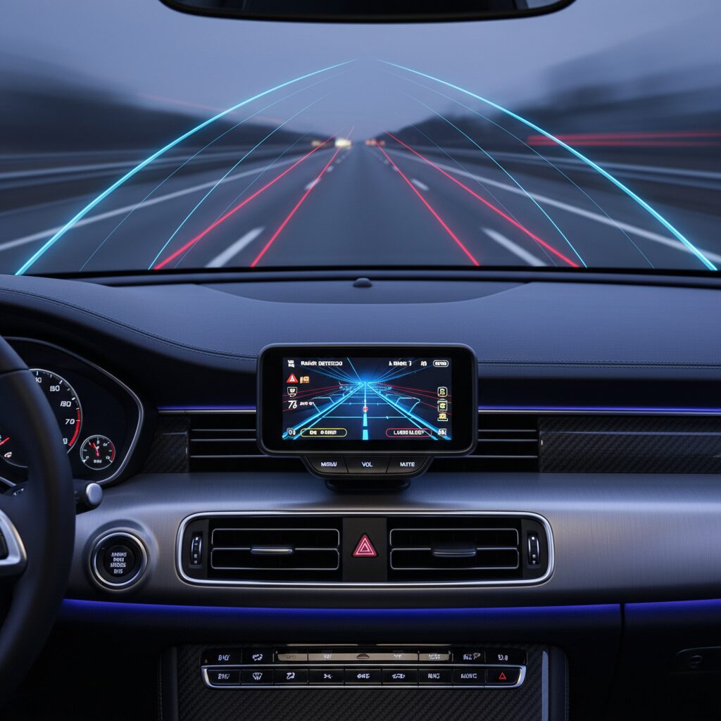 最新のオービス探知機が設置された車のダッシュボードと、遠くに見える移動式オービスのイメージ