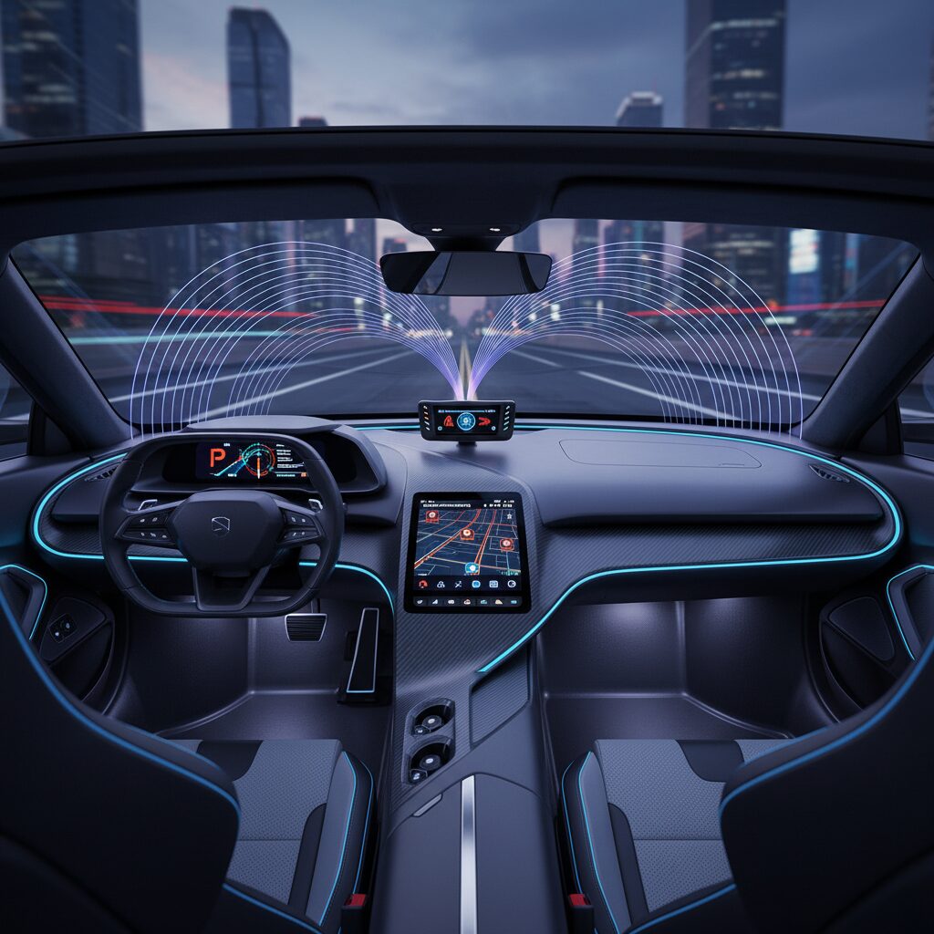 最新のレーダー探知機が並ぶ近未来的なイメージの車内。移動式オービスMSSSへの対応を象徴する光のラインが描かれている。