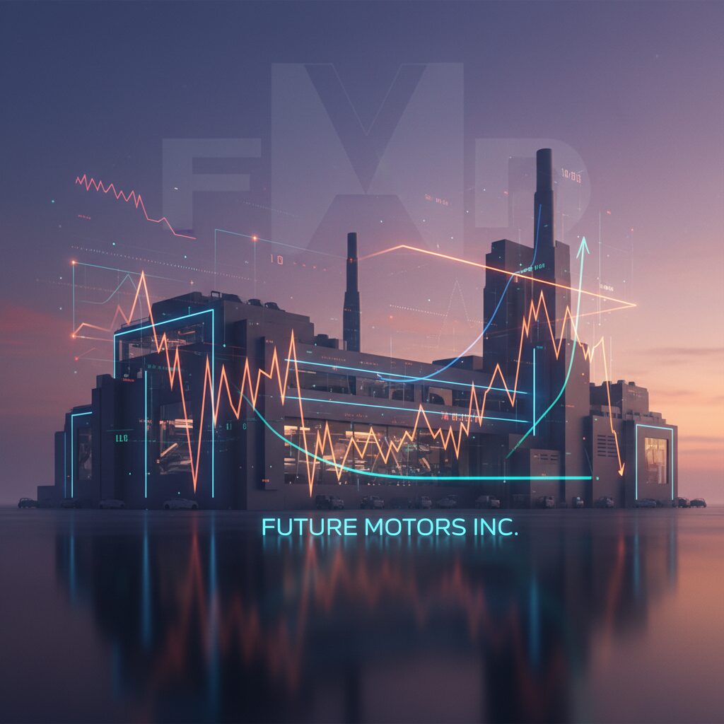 薄暗い会議室で光り輝く日産のロゴと、背後に映る複雑な経営グラフのイメージ