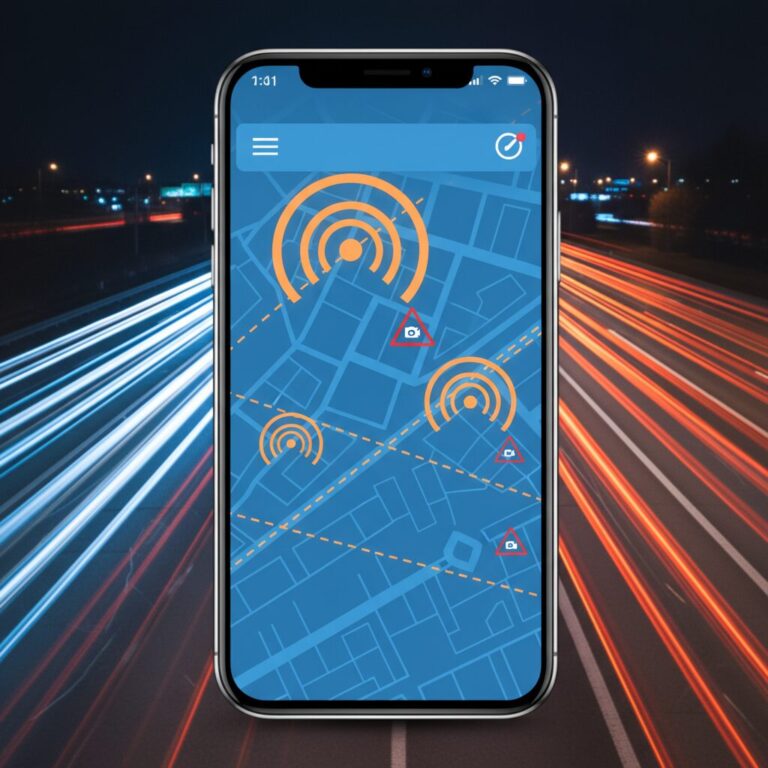 A futuristic smartphone displaying a digital map with speed camera alerts on a sleek car dashboard at night.