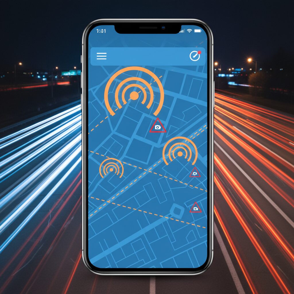 A futuristic smartphone displaying a digital map with speed camera alerts on a sleek car dashboard at night.