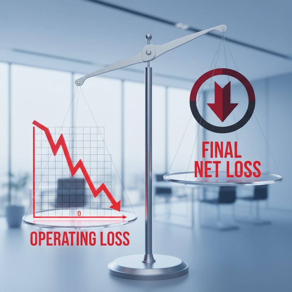 最終赤字と営業赤字の概念を比較する金融グラフとビジネスアイコンのイラスト