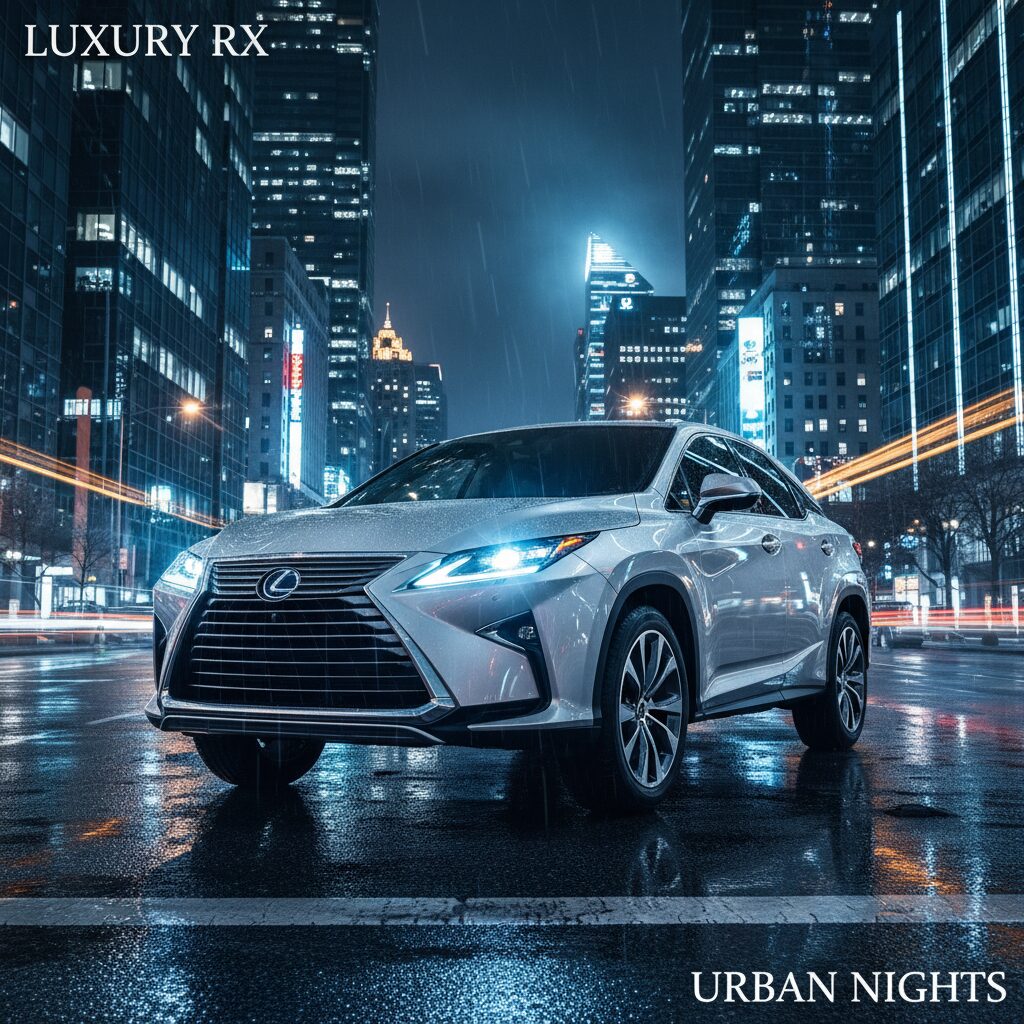 都会の夜景を背景に佇むシルバーのレクサスRX、洗練されたフロントグリルとLEDライトが輝くラグジュアリーな外観