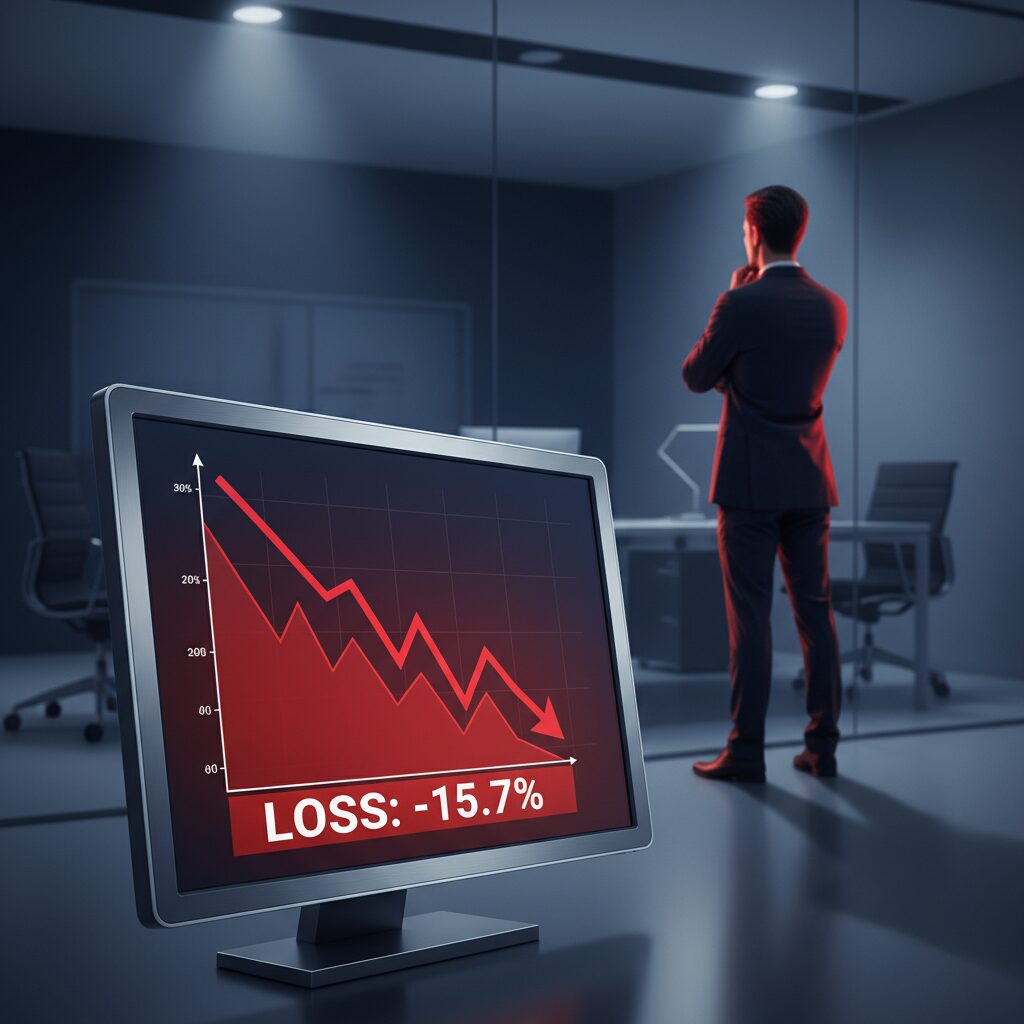 最終赤字を示すグラフと、それを見つめながら再建を練るビジネスマンのイメージ