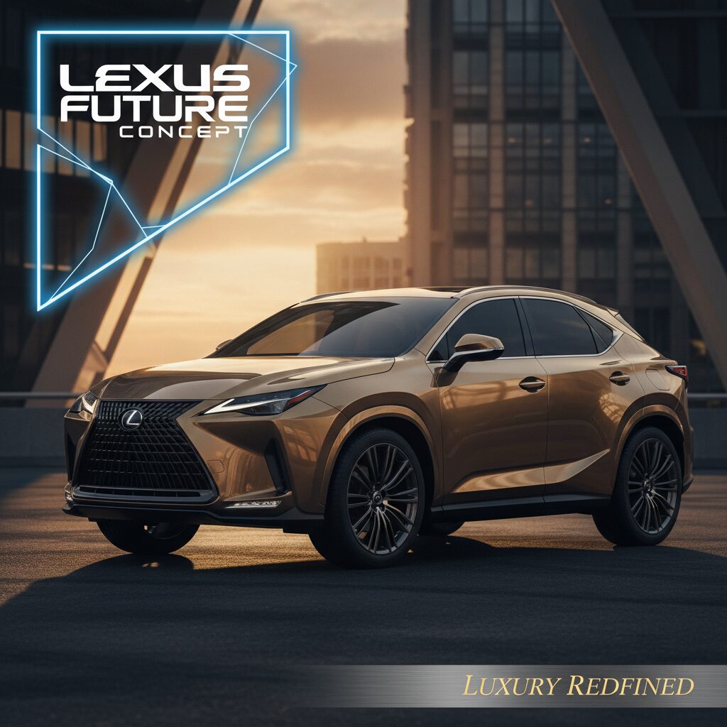 都会の洗練された街並みに佇む、深みのあるメタリック塗装が美しい最新のレクサスSUV。夕暮れ時の黄金色の光が車体に反射し、ラグジュアリーな雰囲気を醸し出している。