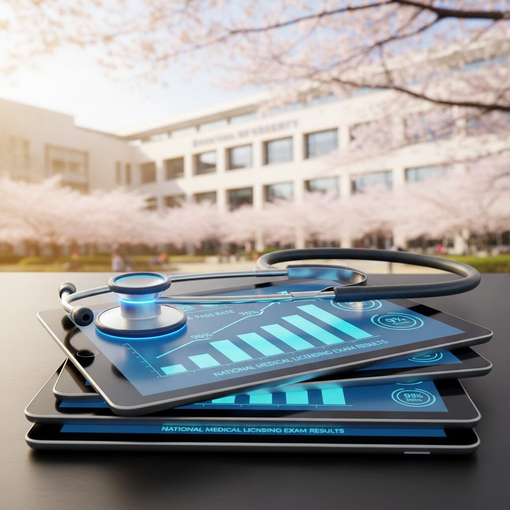 医師国家試験の合格率データを分析する学生と大学キャンパスのイメージ