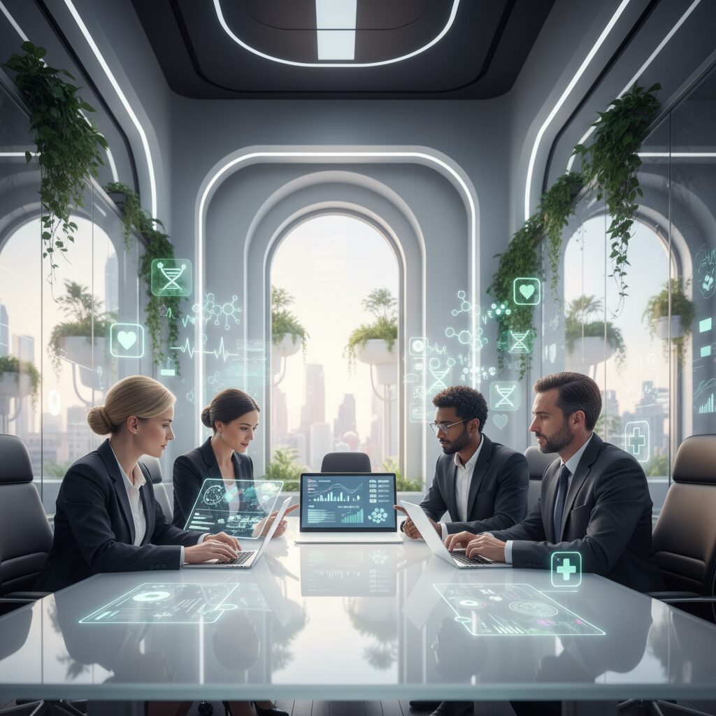 健康経営優良法人2026の申請を象徴する、明るくモダンなオフィスでデータを確認するチームの様子