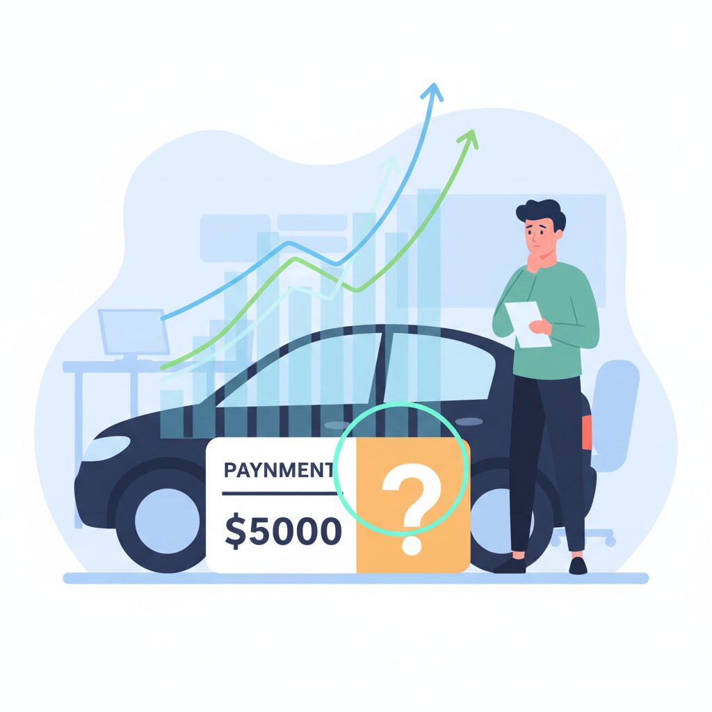 残価設定型クレジットの仕組みと注意点を表すイラスト。車のシルエットと分割された価格、将来の価値を象徴する電球が描かれています。