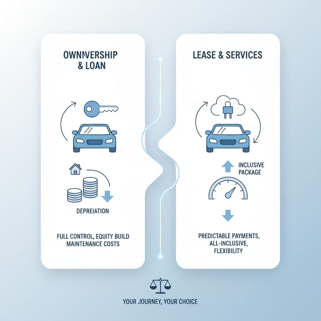 残クレとカーリースの違いを比較するイラスト。車、契約書、家計管理のアイコンが並んでいる。