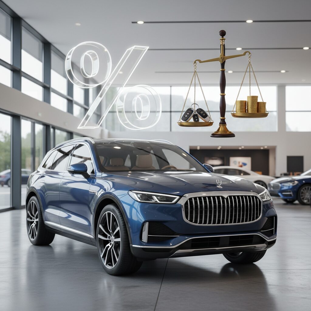 車の鍵とコインが天秤にかけられ、背後に金利のパーセント記号が浮いているイメージ画像