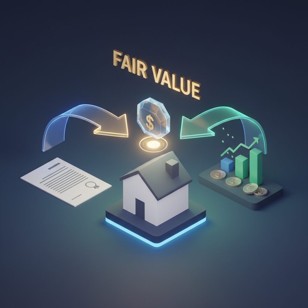 不動産の公示地価と実勢価格の差を視覚化したイメージ画像。公的な書類と動的な市場チャートが対比されている。