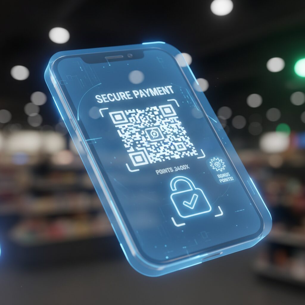 イオンウォレットの操作画面とAEON Payの決済イメージ。青を基調としたスタイリッシュなデザイン。