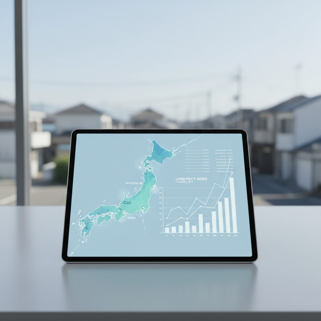 日本の住宅街の俯瞰図と、土地の評価額をイメージさせるグラフや書類が並んだデスクの風景