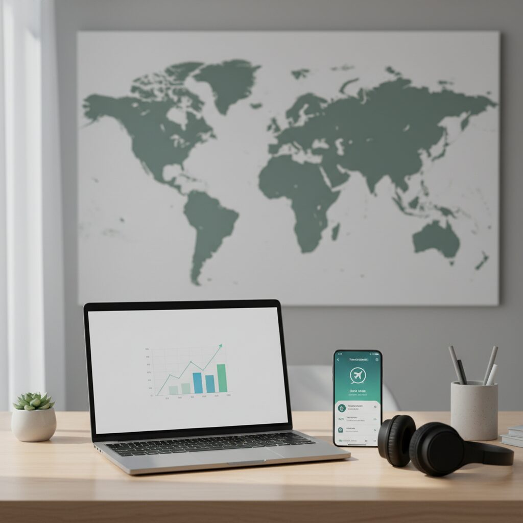 Booking.comの問い合わせ方法を説明するパソコンとスマホのイメージ