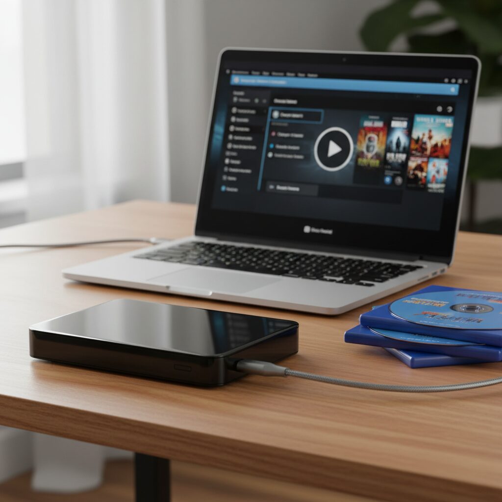 最新の薄型ノートパソコンに接続されたスタイリッシュな外付けブルーレイドライブと、デスクに置かれたブルーレイディスクのイメージ