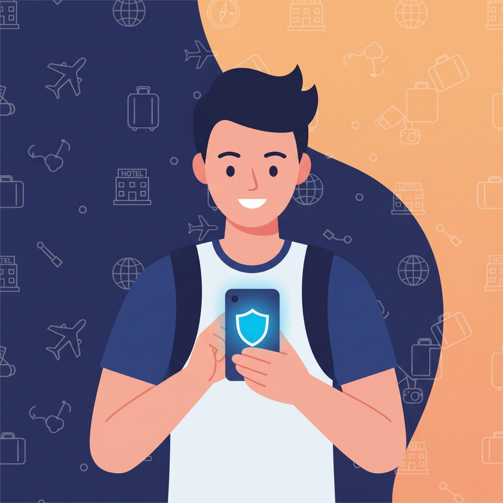Booking.comのトラブル対策をイメージした、スマートフォンを持つ旅行者とセキュリティシールドのイラスト