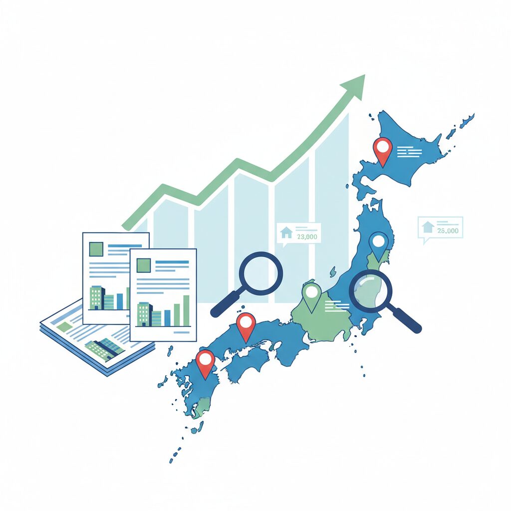 日本列島の地図の上に、土地の価格を示すピンや虫眼鏡、書類が配置された不動産評価をイメージしたビジュアル