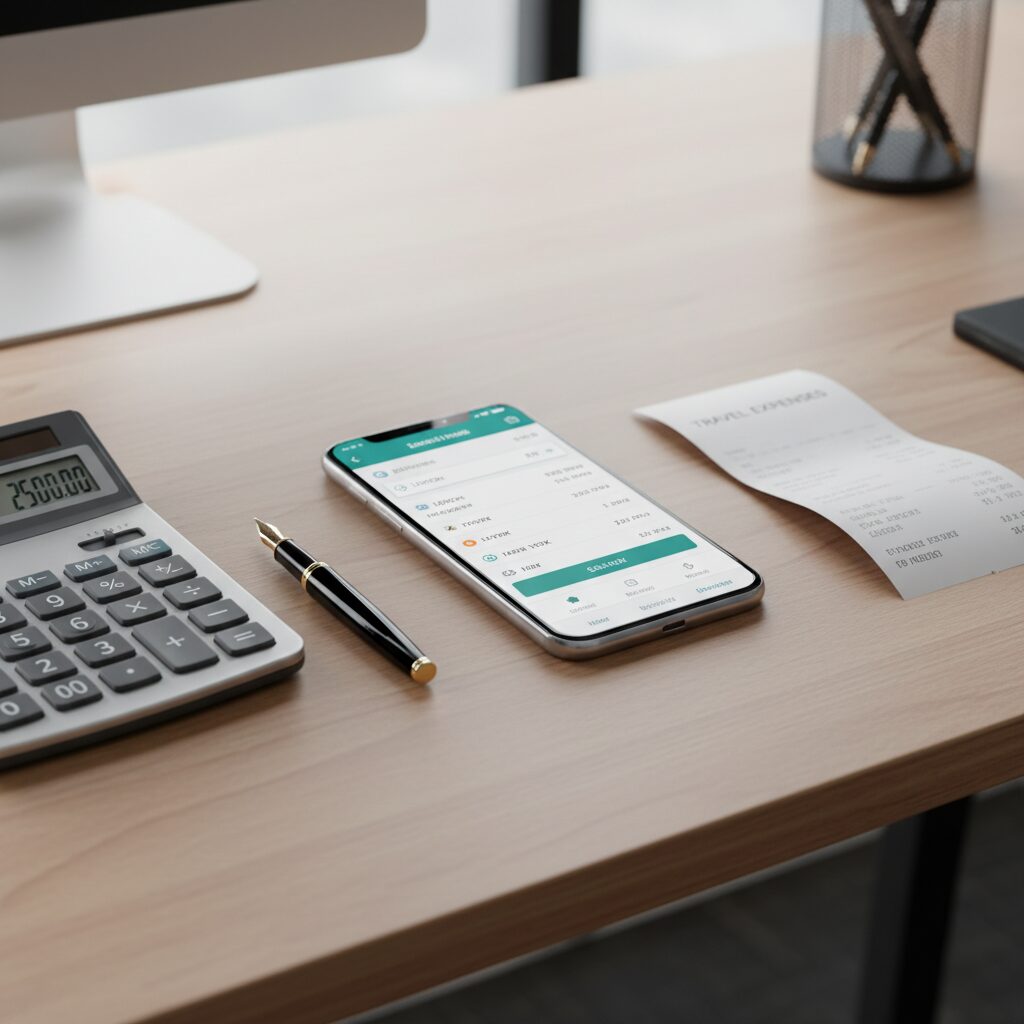 Booking.comのロゴと領収書、電卓が置かれたビジネスデスクのイメージ