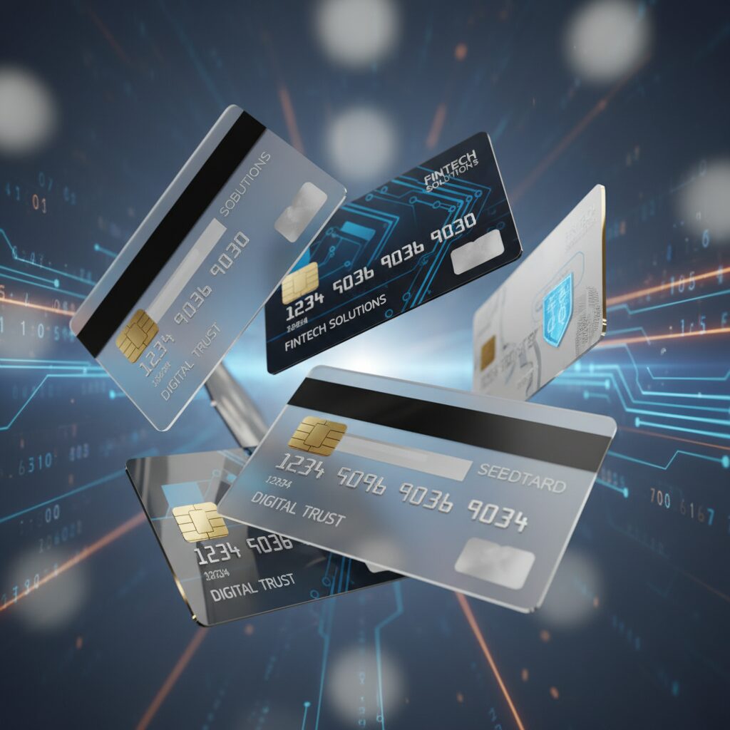 Modern credit cards with holographic patterns, glowing chip technology, and a clean professional financial background.