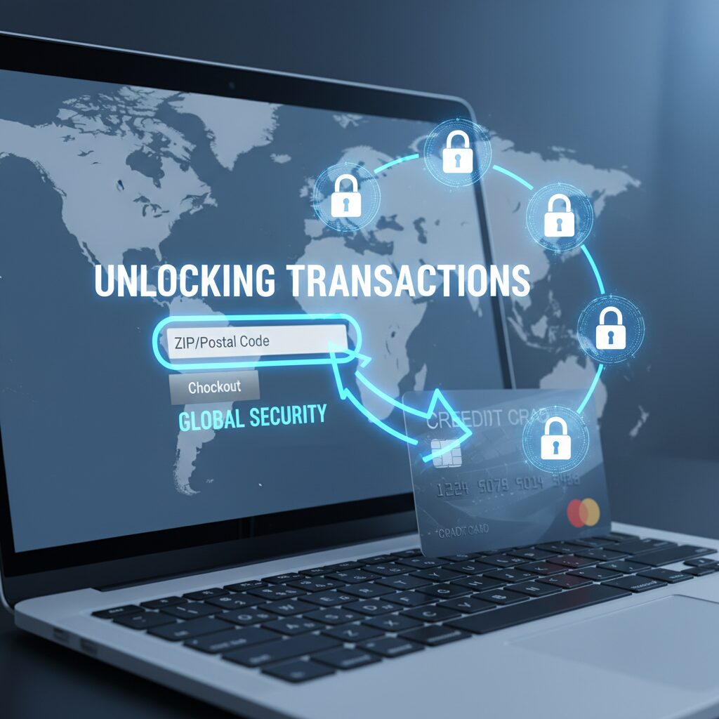 海外サイトのクレジットカード決済画面でZipコード（郵便番号）を入力するイメージ図