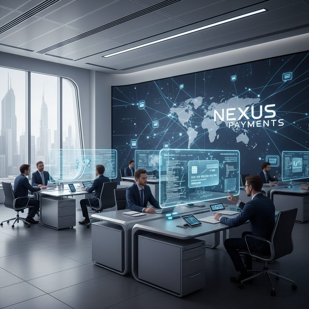 日本カードネットワークのオフィスをイメージした、デジタル決済とエンジニアが協力する近未来的なビジュアル