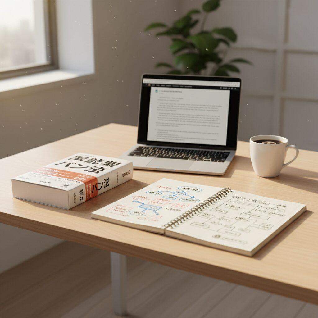 弁理士試験の参考書とノートが置かれた、朝日が差し込む静かな書斎のデスク。合格への道のりを象徴する落ち着いた雰囲気。