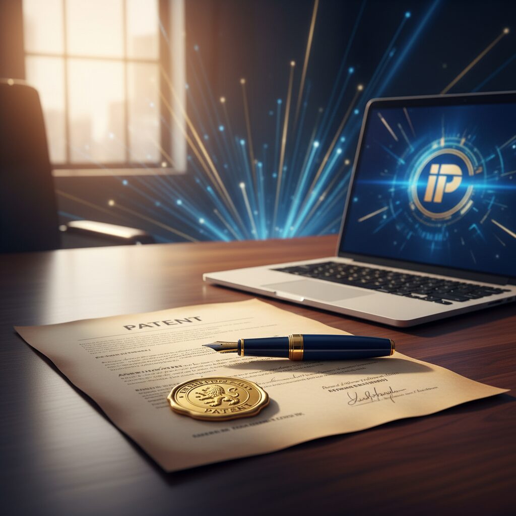 高級感のあるデスクに置かれた特許書類と万年筆、そしてキャリアの成長を象徴する光のイメージ。