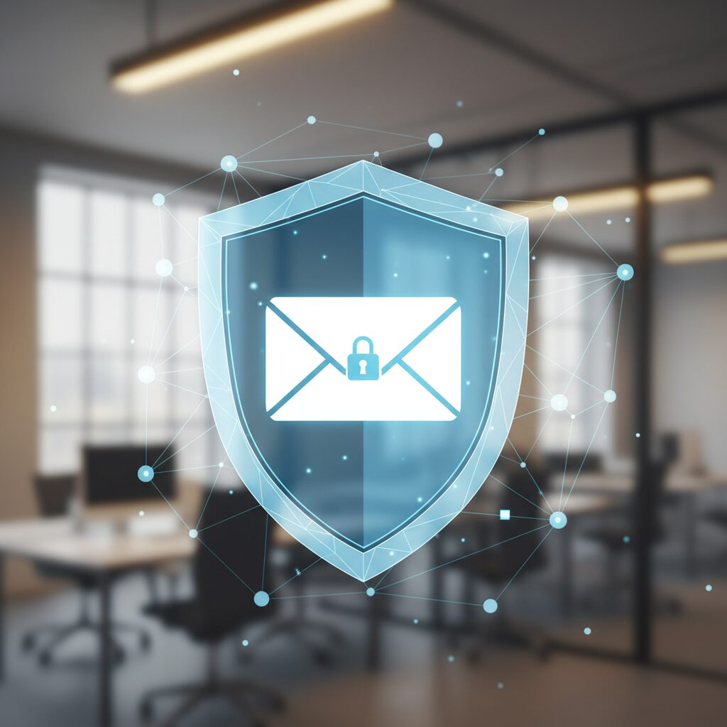 サイバーセキュリティとメール保護をイメージした、盾と封筒のアイコン。デジタルな輝きを放つ青を基調としたデザイン。