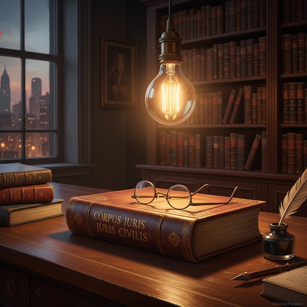 重厚な法律書と眼鏡、電球が置かれたデスクのイメージ