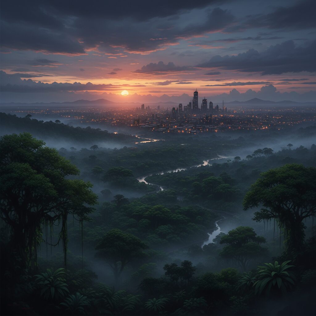 ベネズエラの広大な自然と、経済危機の厳しさを象徴する都市の遠景。自然と社会問題が共存する様子を描いている。