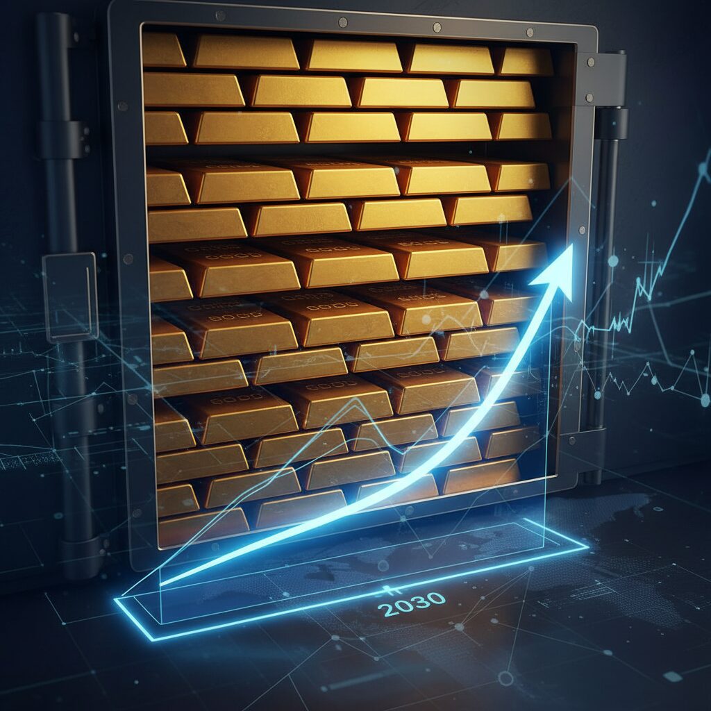 2030年に向けた金価格の上昇を象徴する、金塊と右肩上がりのデジタルグラフのイメージ図。金色の光が未来を照らす。