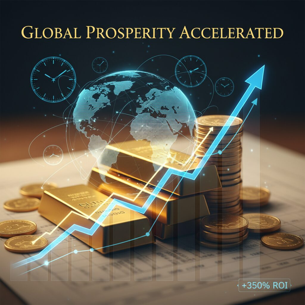 金塊と上昇するチャートグラフ、世界地図の背景