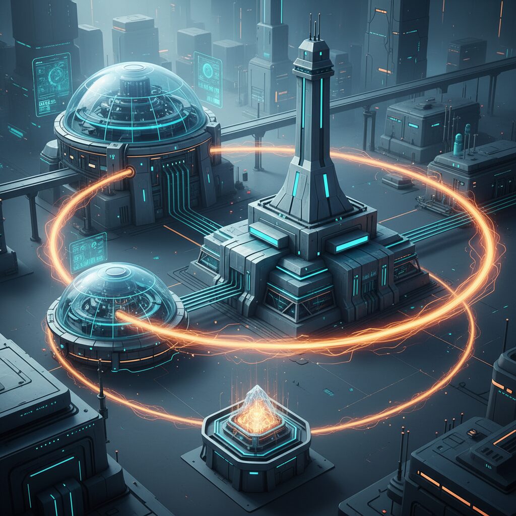 A conceptual illustration representing nuclear energy recycling with a circular glowing energy flow connecting a stylized power plant and research facility.