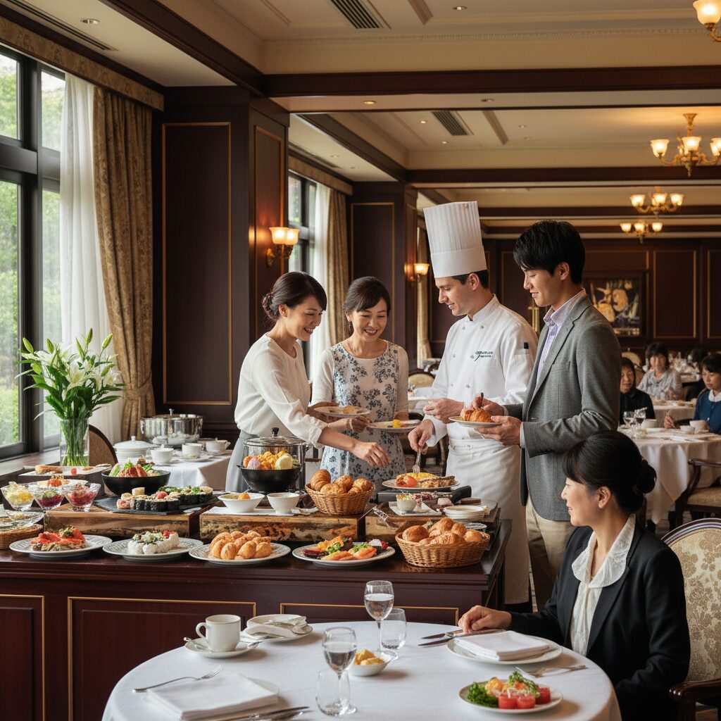 帝国ホテルの豪華な朝食ビュッフェの様子。焼きたてのパンやオムレツ、洗練されたレストランの内装。