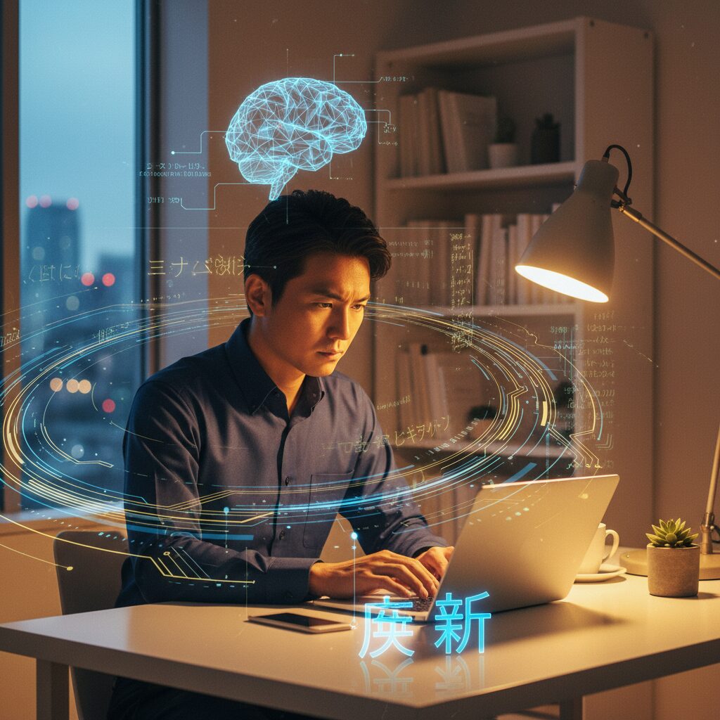 自宅のデスクで集中してノートパソコンに向かう30代の日本人男性の様子