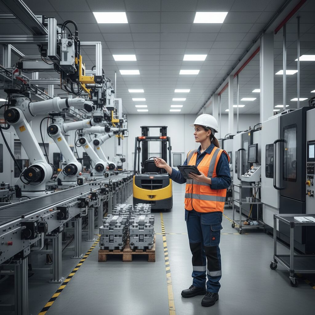 製造業の現場で資格を活用し、デジタルツールを操作する作業員のイメージ