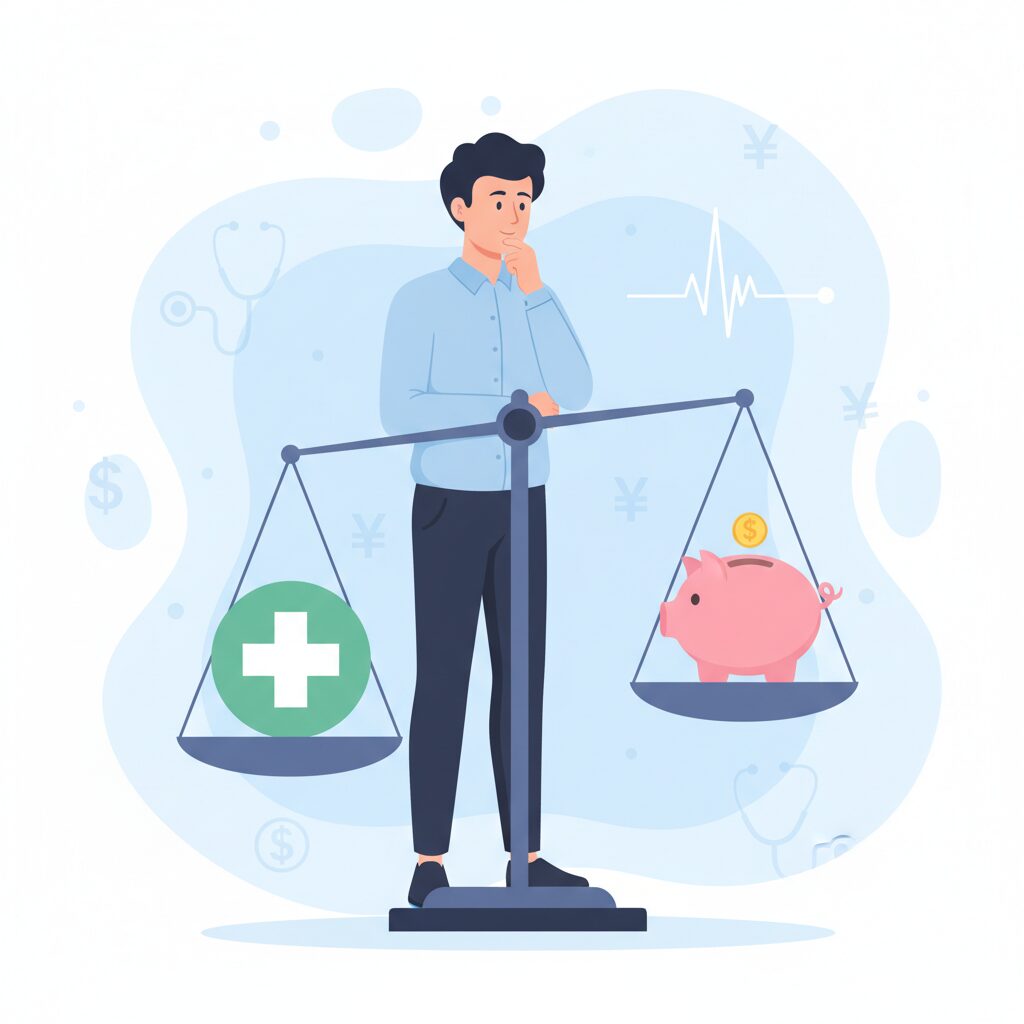医療保険の必要性を検討する30代の男女が天秤で貯金と保障を比較しているイラスト